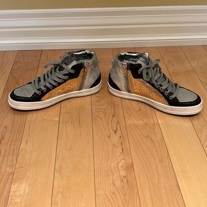 P448 high top gold, black, grey running shoes